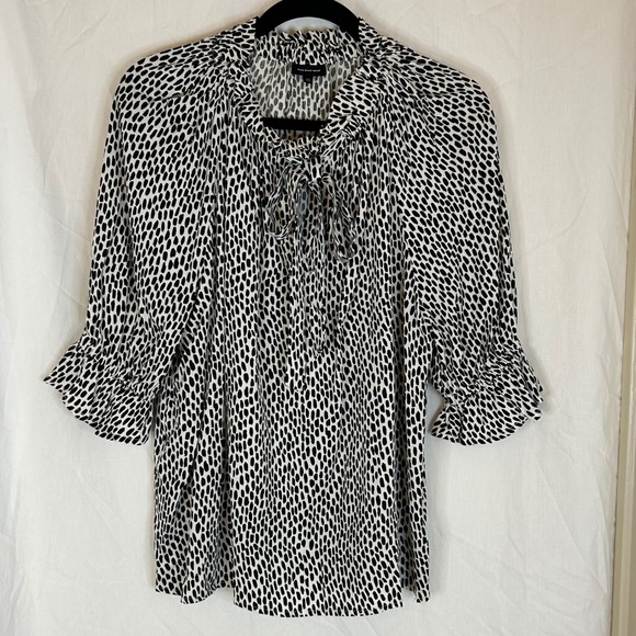 Who What Wear Black & White Dot Print Ruffle Sleeve Tie Neck Blouse - Picture 1 of 10